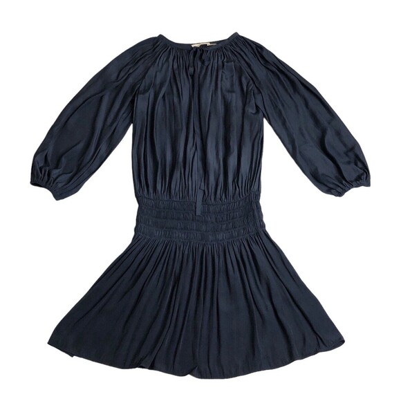 Ramy Brook Hope Dress Womens XS Navy Blue Blouson Long Sleeve Mini Smocked Waist - Picture 1 of 16